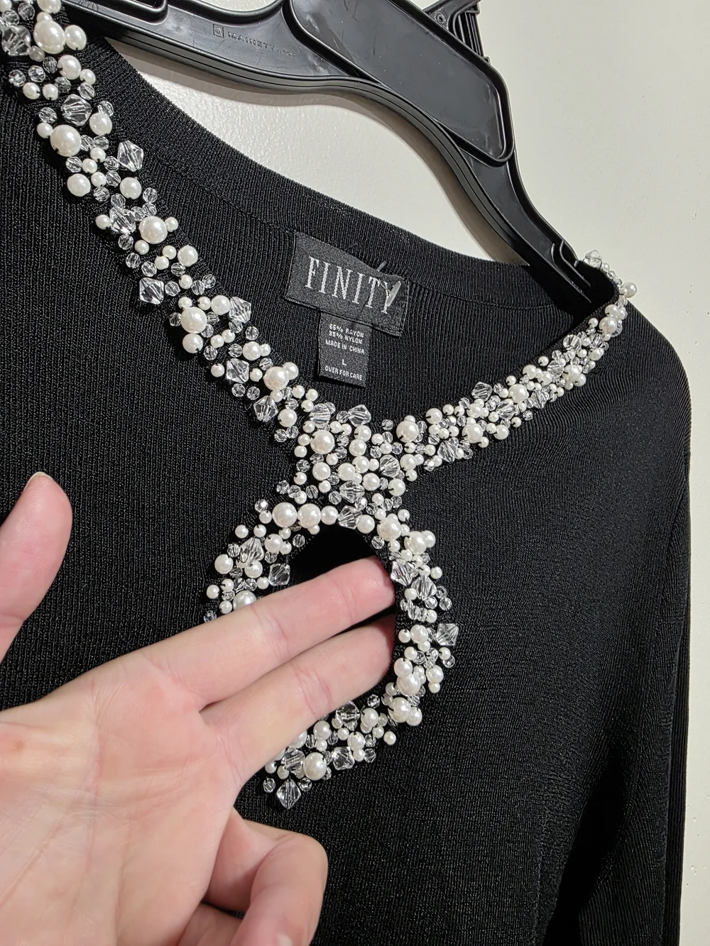 Finity Black Beaded Collar Long Sleeve Sweater Knit Top Rhinestone Pearl L NWT